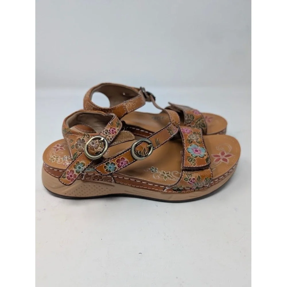 L'Artiste by Spring Step Sweetened Leather Sandals Brown Floral Wedge sz 37 US 7